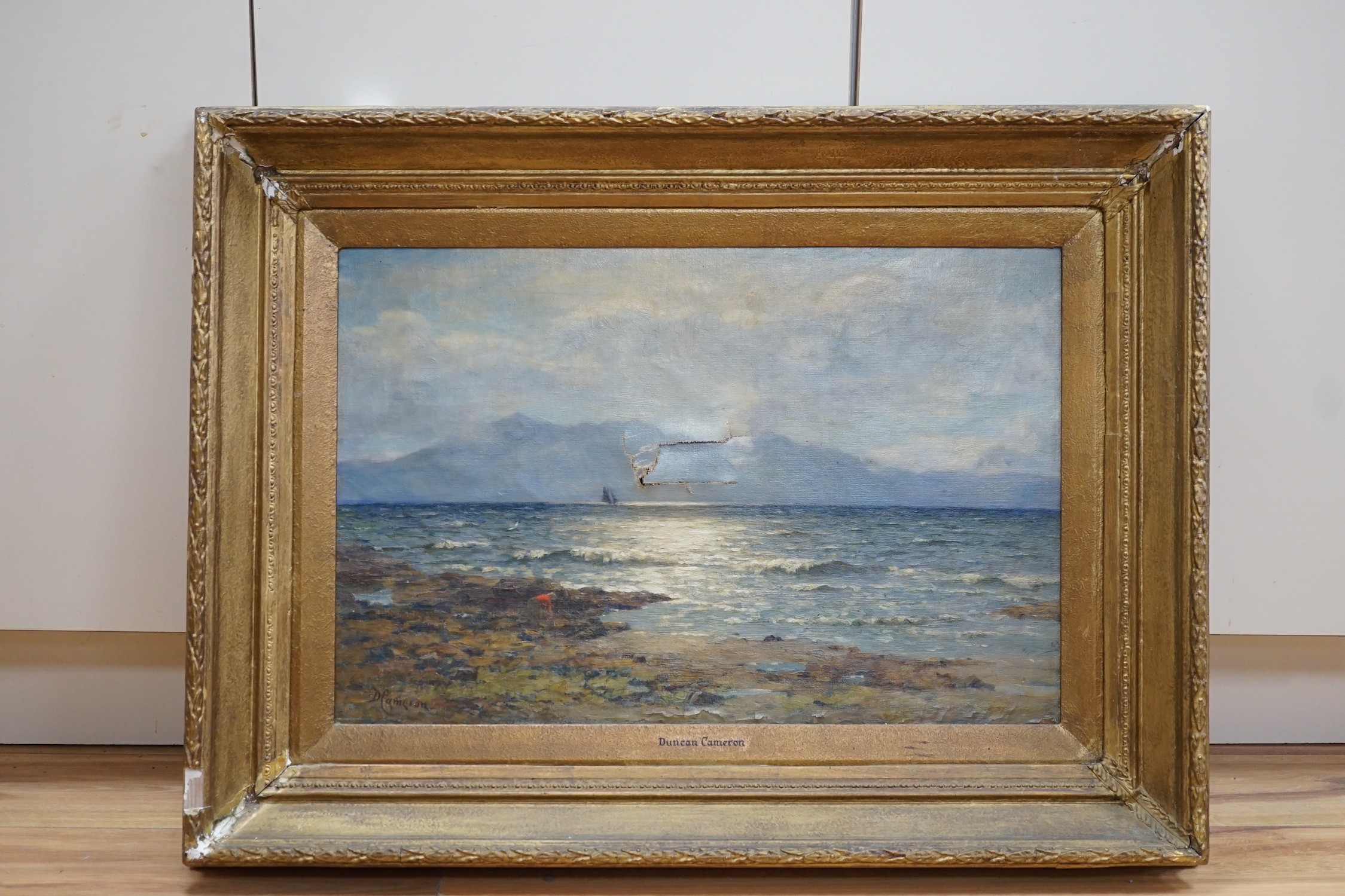 Duncan Cameron (1837-1916), oil on canvas, 'Afternoon on the Firth of Clyde, looking to Arran', signed, 40 x 60cm (canvas torn)